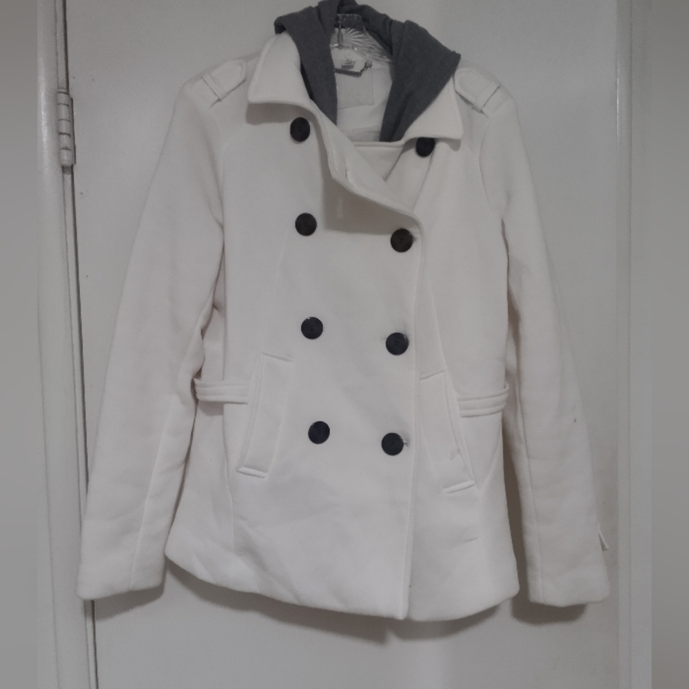 Pre-owned Ivory J2 by Jou Jou Peacoat with removable Gray Hood, XL (Juniors)